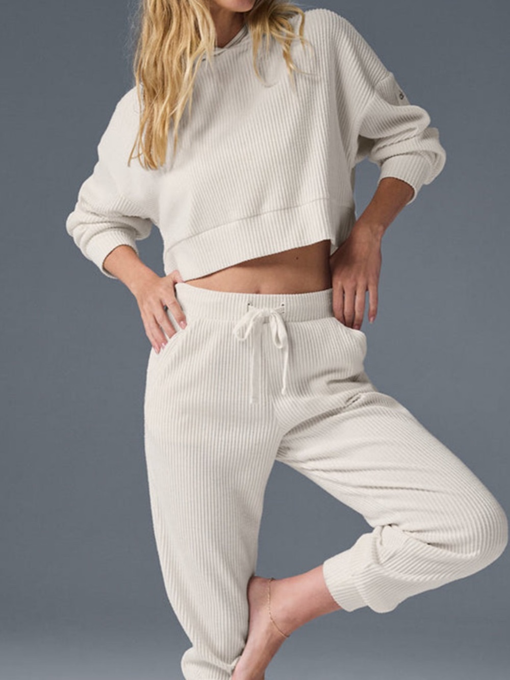 ALO Yoga Cream Ribbed Hoodie and Jogger Set